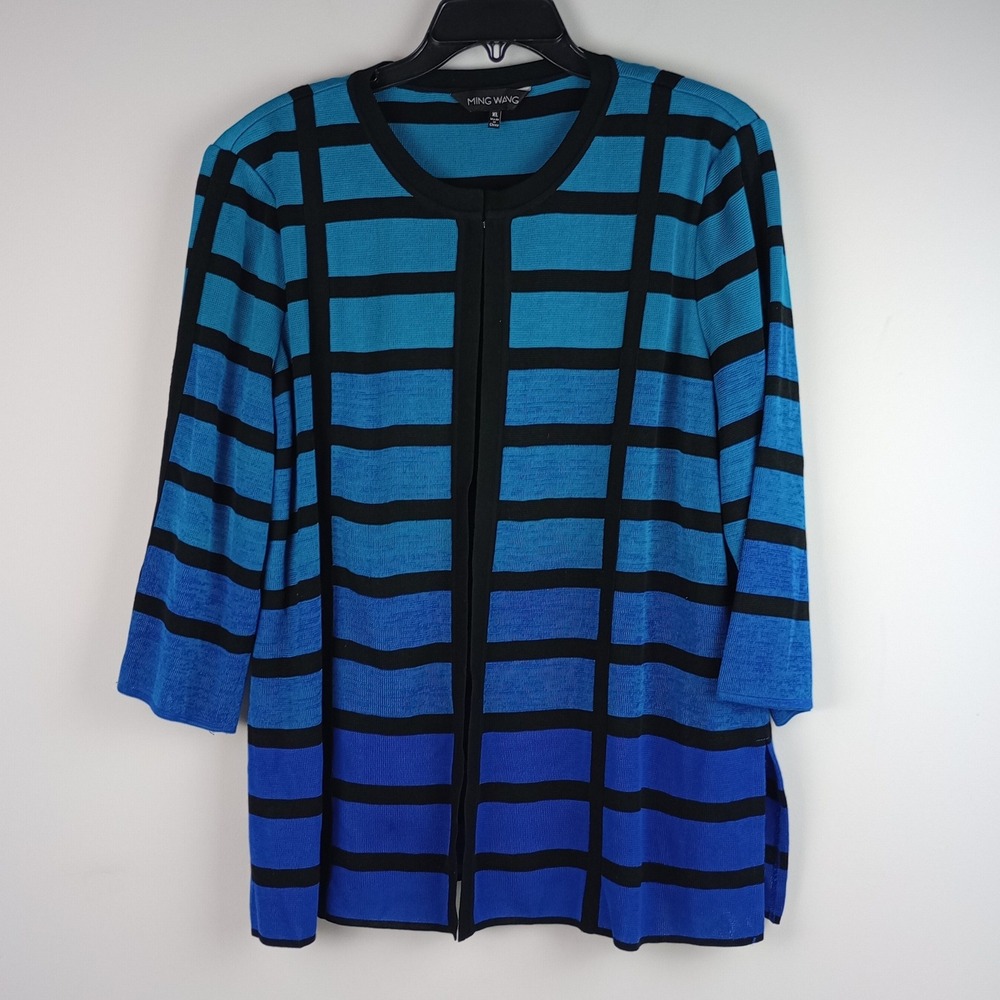 Ming Wang Womens XL Blue Black Striped Knit Hook & Eye Sweater Cardigan